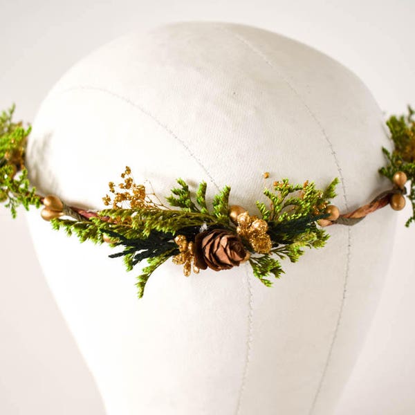 Woodland Flower Crown, Woodland bruiloft hoofddeksel. Groen en dennenappel hoofdband. Boho bloem kroon.