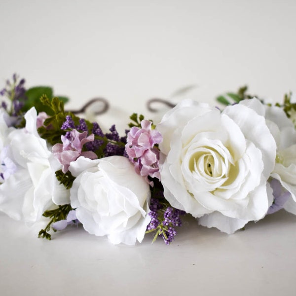 White and lavender flower crown. White wedding crown. Lavender flower crown. White floral crown. White and lavender wedding hair accessory.