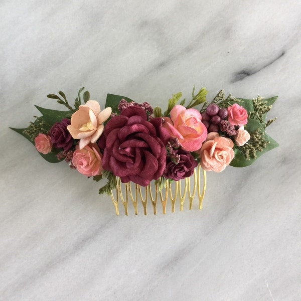 Burgundy hair comb Fall bridal comb