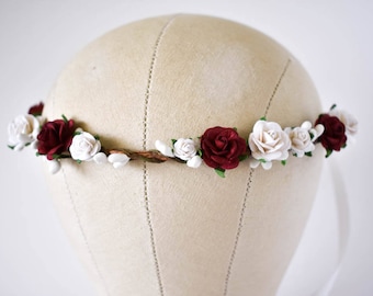 Burgundy Flower Crown. Burgundy and White flower crown. Burgundy and white halo, Rustic burgundy and white flower crown. Rustic hair wreath