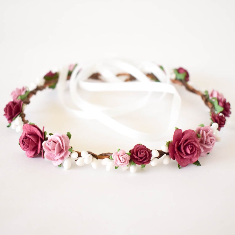 Burgundy hair flowers. Burgundy bridal headpiece Mauve flower crown Dusty Rose wedding headpiece Burgundy and Dusty Rose flower crown