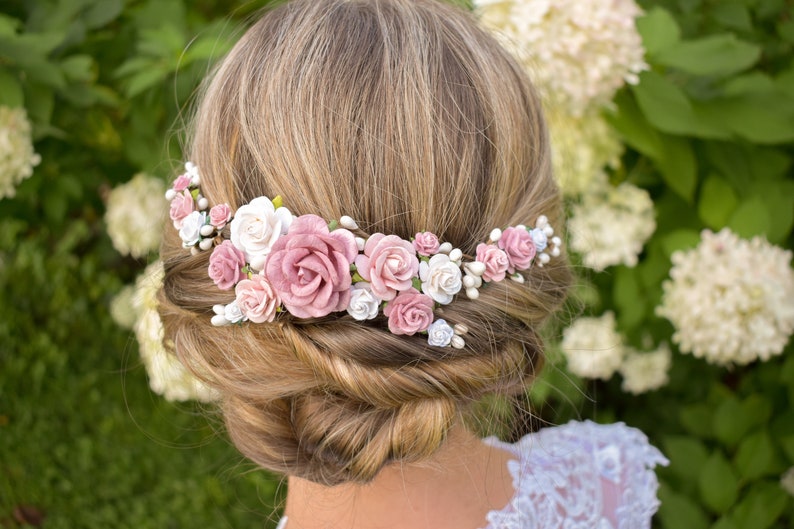 Pink and white hairpiece Dusty Rose Pink Wedding Headpiece Rose pink wedding hair flowers White wedding headpiece Dusty rose hair flowers