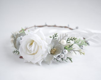 White winter crown. Silver sage green and white flower crown. White velvet headpiece. White and Green Holiday flower crown.