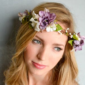 Silk flower crown in orchid and white. Floral wedding headpiece. Boho wedding crown. Orchid, white & greenery floral crown. Bridal wreath