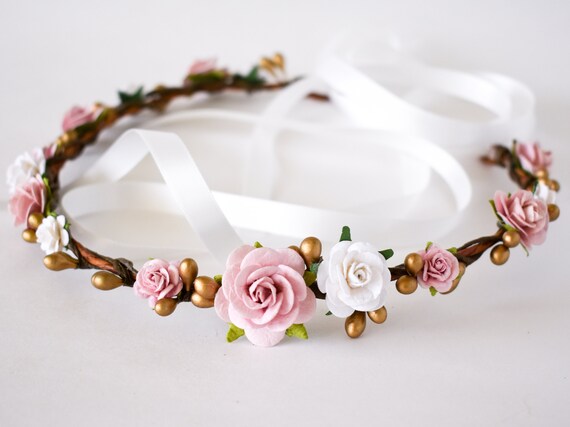 Pink, Gold, and White Flower Crown. Dusty Rose Floral Crown  display picture 3