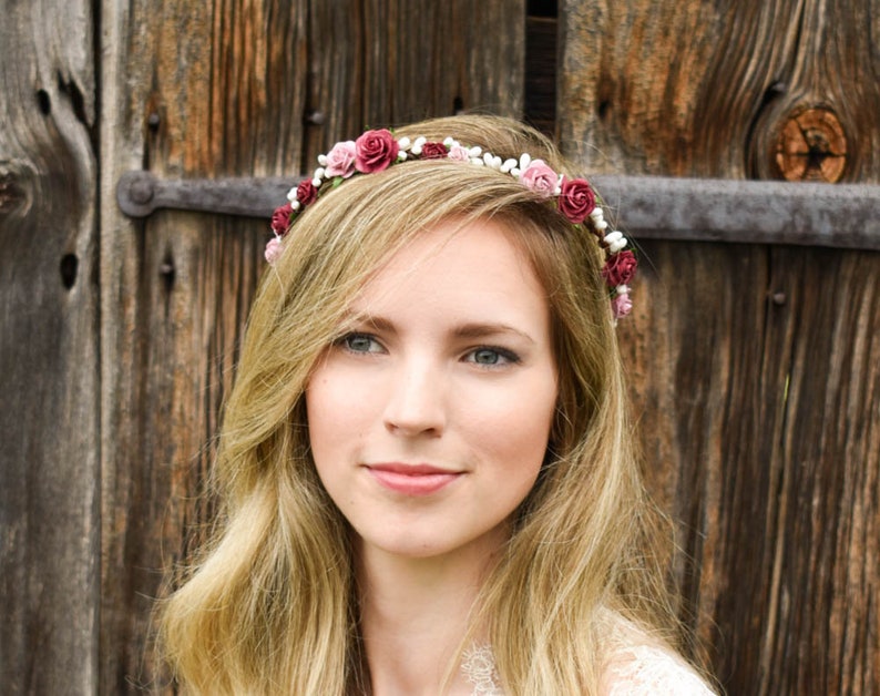 Burgundy hair flowers. Burgundy bridal headpiece Mauve flower crown Dusty Rose wedding headpiece Burgundy and Dusty Rose flower crown