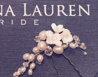 Bridal hair pieces, floral hair pins, bridal headpiece.  Floral wedding hair pins.  Pearl and crystal headpiece