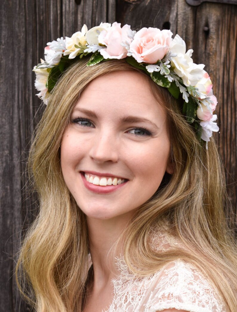 Blush flower crown Blush pink and ivory flower crown with greenery Wedding floral crown Pink floral crown Wedding hair wreath image 4