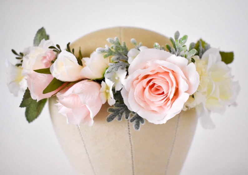 Blush flower crown Blush pink and ivory flower crown with greenery Wedding floral crown Pink floral crown Wedding hair wreath image 3