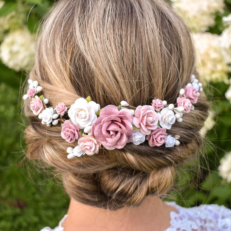 Pink and white hairpiece Dusty Rose Pink Wedding Headpiece Rose pink wedding hair flowers White wedding headpiece Dusty rose hair flowers
