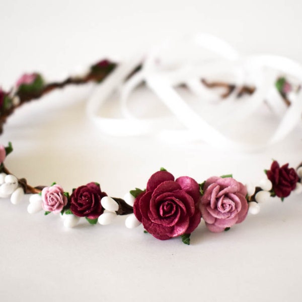 Burgundy and Dusty Rose flower crown. Mauve flower crown. Burgundy bridal headpiece. Dusty Rose wedding headpiece. Burgundy hair flowers.