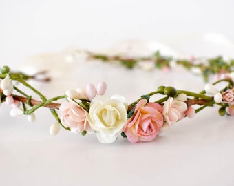 Flower crown. Pink, blush and cream flower crown. Wedding headpiece. Flower wedding crown. Bridesmaids crown. Boho wedding. Flowergirl crown