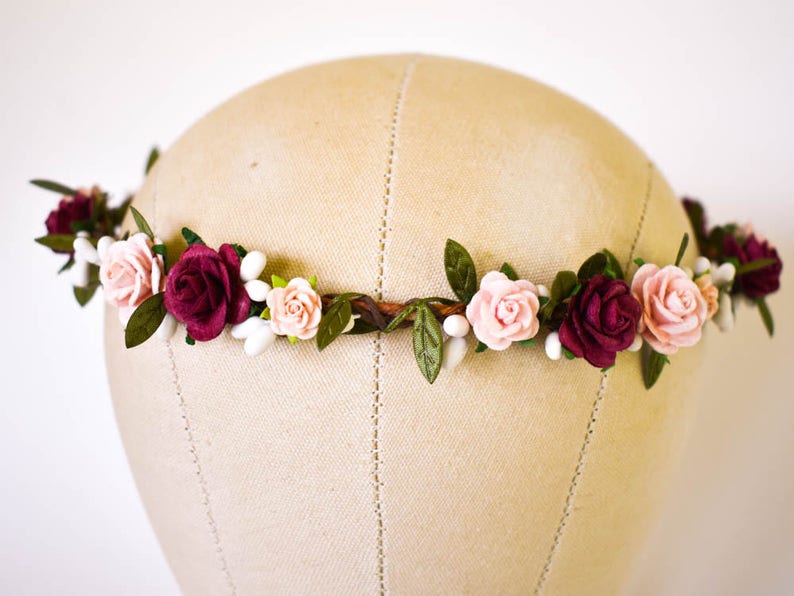 Burgundy and Blush Flower Crown. Blush flower crown. Burgundy flower crown. Burgundy headpiece. Wine flower crown. image 6