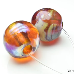 Lampwork Glass Beads, Handmade Contemporary Glass Beads Pair Set with Golden Brown with Iridescent Purples by Artisan Nicola Hebert