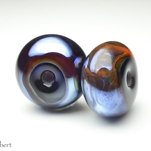 Lampwork Glass Beads, Handmade Contemporary Glass Beads Pair Set with Metallic Purple Blue and Golden Brown by Artisan Nicola Hebert