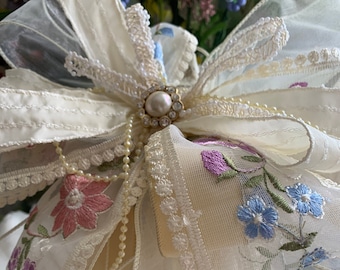 shabby chic beautiful bow, elegant bow, wedding bow, curtain tassel, vintage style, wall hangings, picture frame attach