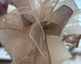 Cream Linen Bow: Sparkle Roses, Pearl Sheer Ribbon, Neutral Decor