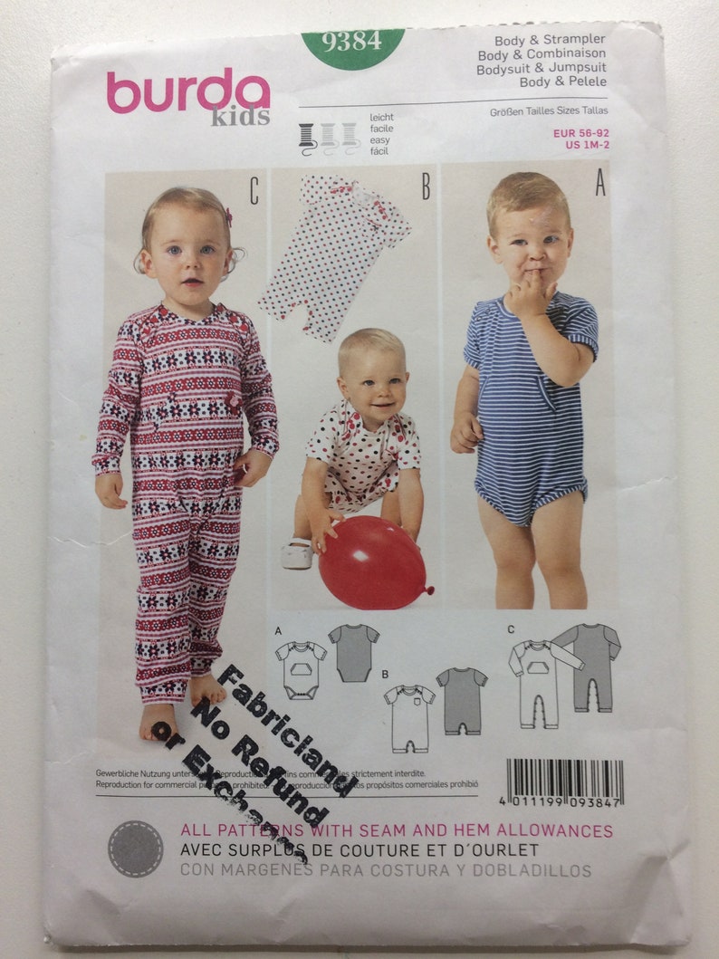 Size 1M Burda 9384 Cut Pattern-Body /& romper-Step closure Uncut  Infant to Toddler Bodysuit and Jumpsuit Sewing Pattern 2