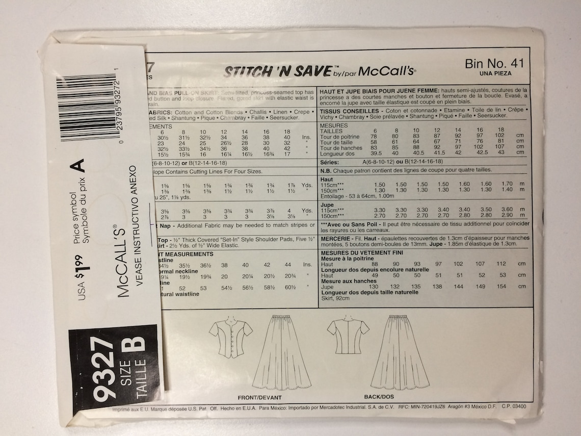 Mccall's 9327 Misses Stitch N Save Top and Bias Pull on - Etsy UK