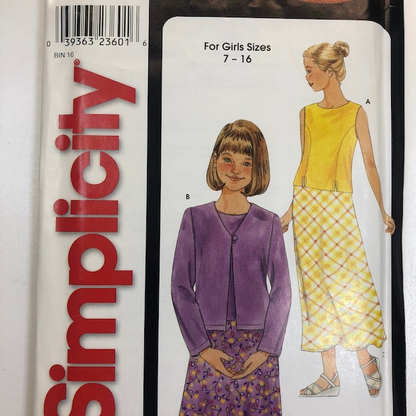 Simplicity 9001 Sewing Pattern Uncut Sleeveless Top Jacket and Skirt Girls Childs Sewing Pattern Simplicity 9001 Uncut Size 7 8 10 12 14 16