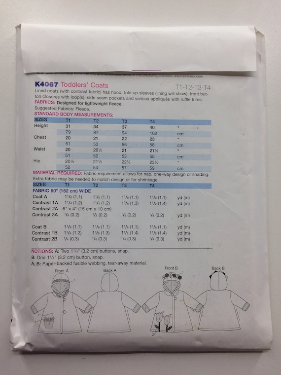 Kwik Sew 4067 Toddler/'s Size T1 T3 T4 Uncut Kwik Sew K4067 T2 Toddlers/' Lined Hooded Coats Sewing Pattern