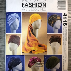 May include: A sewing pattern for seven different headwear styles. The pattern is called McCall's Fashion Accessories and the pattern number is 4116. The headwear styles include a turban, a bandana, and a beanie.
