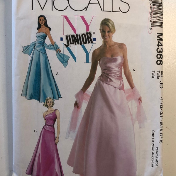 McCall's M4366 Sewing Pattern, Uncut NYNY Junior Evening Prom Formal Long Dress Gown Top & Skirt Strapless or One Shoulder Strap SIZE 11-18