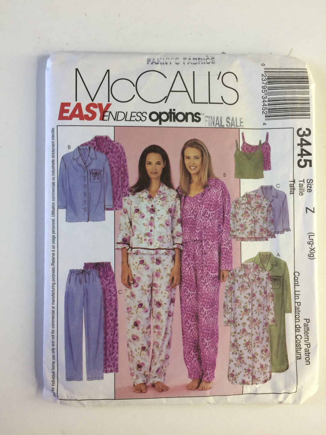 Mccall's Sewing Pattern 3445 Nightshirt, Pajama Top, Pull-on Pants and ...