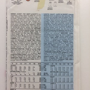 May include: A vintage sewing pattern envelope featuring a jacket, top, skirt, and shorts. The envelope includes sizing details and fabric requirements, with measurements in centimetres.