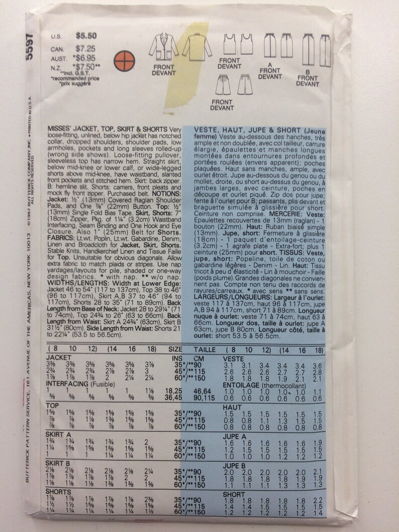 May include: A vintage sewing pattern envelope featuring a jacket, top, skirt, and shorts. The envelope includes sizing details and fabric requirements, with measurements in centimetres.