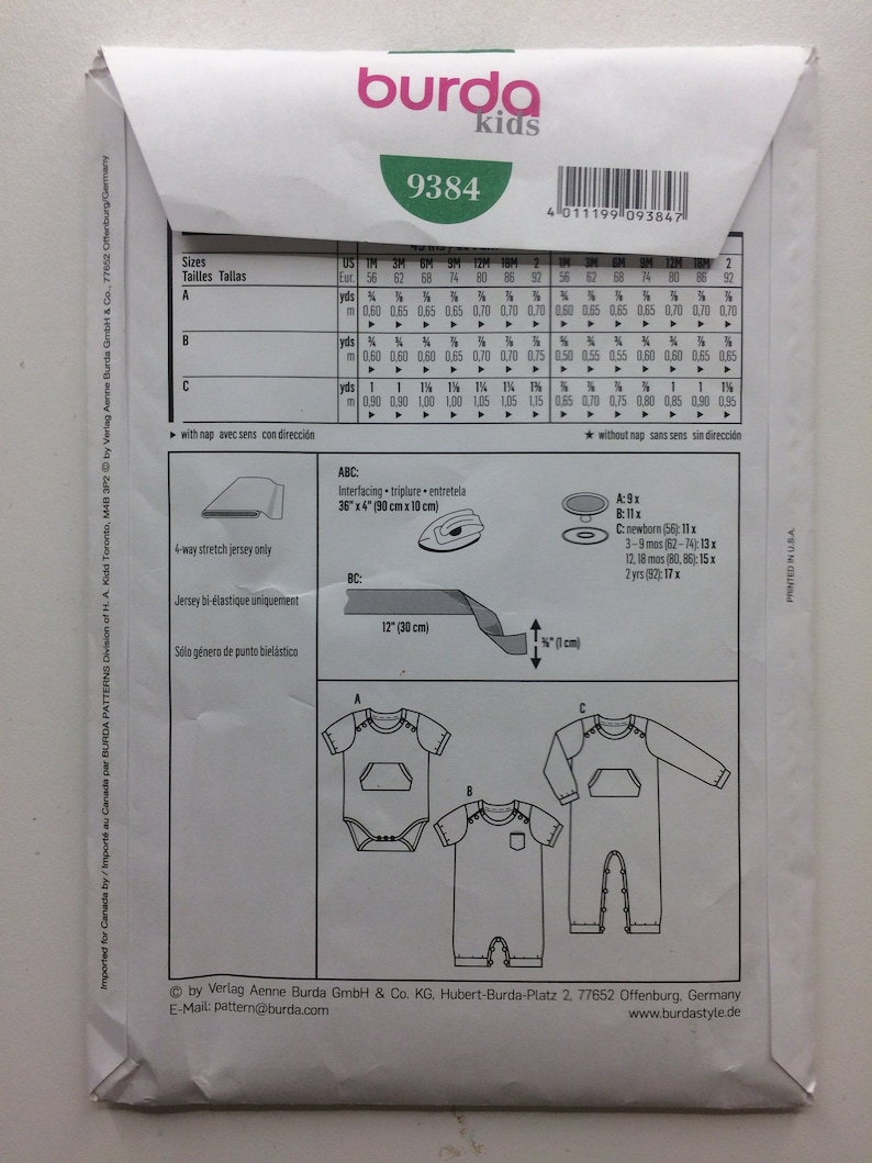 Size 1M Burda 9384 Cut Pattern-Body /& romper-Step closure Uncut Infant to Toddler Bodysuit and Jumpsuit Sewing Pattern 2