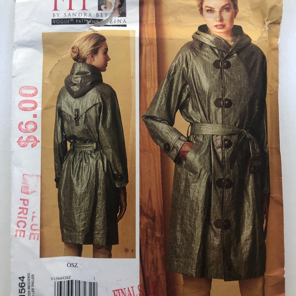 Vogue V1564 Sandra Betzina Womens Raglan Sleeve Hooded Belted Raincoat Vogue Sewing Pattern Size 10 12 14 16 18 20 22 24 26 28