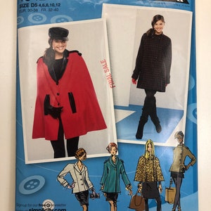 May include: Simplicity sewing pattern number 1942, inspired by Project Runway, for a red and black cape with a black collar and a black belt. The pattern includes sizes D5 4, 6, 8, 10, 12, EUR 30-38, FR 32-40.