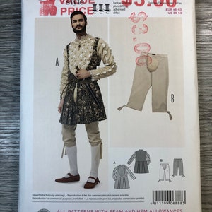 May include: A sewing pattern for a Renaissance-era costume. The pattern includes instructions for a doublet, breeches, and a shirt. The pattern is for sizes EUR 46-60 and US 36-50.