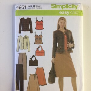 May include: A sewing pattern for a jacket, skirt, and top. The pattern is for sizes 4, 6, 8, and 10. The pattern is from Simplicity and is part of their easy chic line.