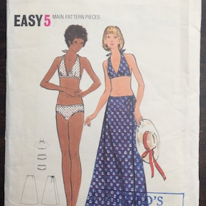 70s Butterick 6613 Beach Halter Bikini Top, Bottoms and Wrap Skirt Size 14 Bust 36