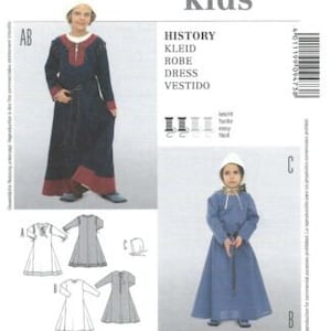 May include: A sewing pattern for a historical-style dress for children. The pattern includes instructions for sizes 98 to 158 cm. The pattern is called "History" and includes a dress with a long skirt and a fitted bodice. The pattern is from Burda Kids.