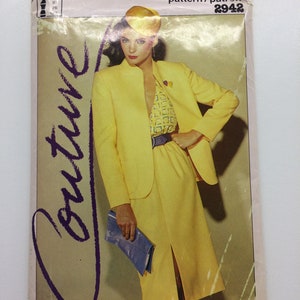 May include: A yellow and white sewing pattern for a suit with a skirt and jacket. The pattern is from the Couture line and is style number 2942. The pattern is $3.75.