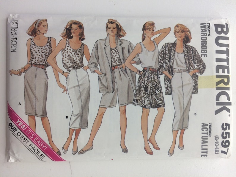 May include: Butterick 5597 sewing pattern with illustrations of women's clothing. The designs include a skirt, shorts, jacket, and tank tops. The pattern includes the text "YES! IT'S EASY!" and "TODAY'S WARDROBE".