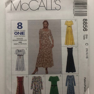 Op de afbeelding: Naai-patroon voor acht verschillende jurkstijlen. Het patroon is voor maten 10, 12 en 14. Het patroon heet McCall's 8856.