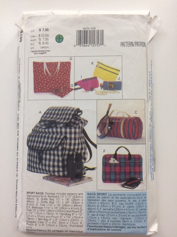 Butterick 6678: 90s Sport Bag Sewing Pattern - Backpack, Duffle