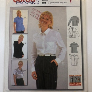 Padrão de costura estilo Burda 2674 Blusa feminina padrão de costura, tamanho 10-20, camisa frontal com botão clássico Misses, mangas compridas/curtas, bolso frontal