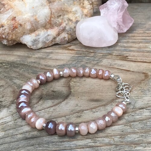 Silverite Cat’s Eye and Mystic Peach shops Moonstone Gemstone Bracelet, Sterling Silver, Energy Healing Jewelry, Boho Chunky Bracelet