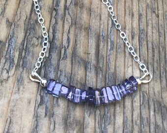 Violet Blue Crystal Quartz Bar Necklace- Sterling Silver Chain- Crystal Healing Jewelry- Boho- Indigo-Heishi Gemstone Bar Necklace