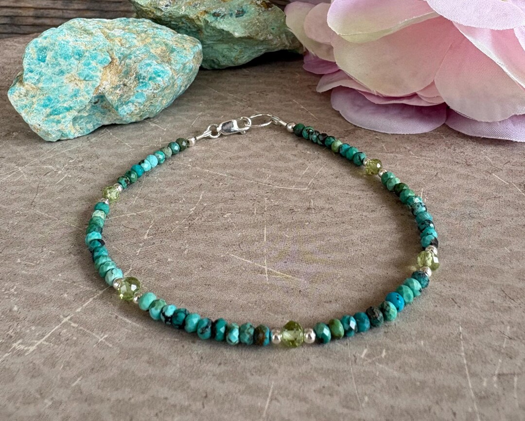 Turquoise Breacket Turquoise and Peridot Bracelet: Sterling Silver, Stacking, Skinny ...