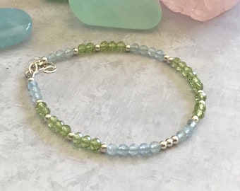 Peridot and Aquamarine Gemstone Bracelet: Sterling Silver or Gold Filled-Stacking- August Birthstone- March Birthstone