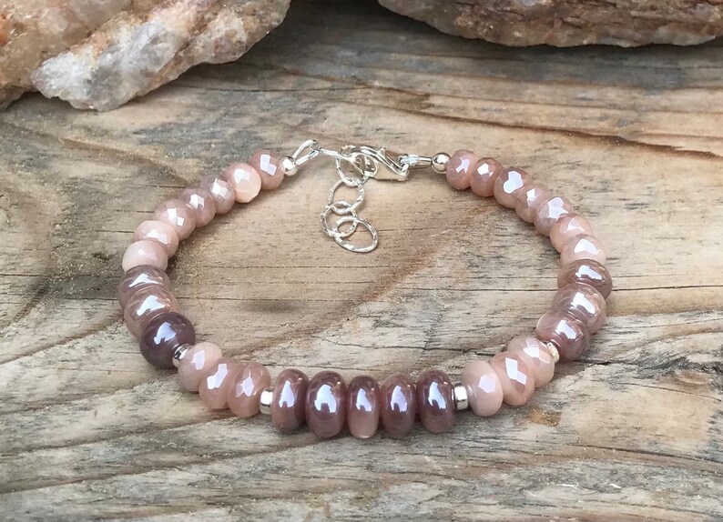 Silverite Cat’s Eye and Mystic Peach shops Moonstone Gemstone Bracelet, Sterling Silver, Energy Healing Jewelry, Boho Chunky Bracelet