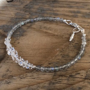 Herkimer Diamond and Labradorite Gemstone Bracelet- Sterling Silver- Energy Healing Jewelry- Boho- April Birthstone-Stacking