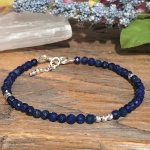 AAA Lapis Lazuli Gemstone Bracelet Sterling Silver, Crystal Healing Jewelry, Stacking Bracelet, Boho, Indigo