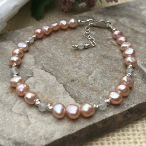 Freshwater Pearl Bracelet, Moonstone Bracelet:Sterling Silver, Stacking, June Birthstone, Peach Pearls